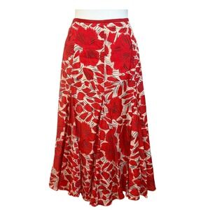 Nic + Zoe Floral Midi Skirt Women Size 10 Red Excellent Silk Cotton Blend